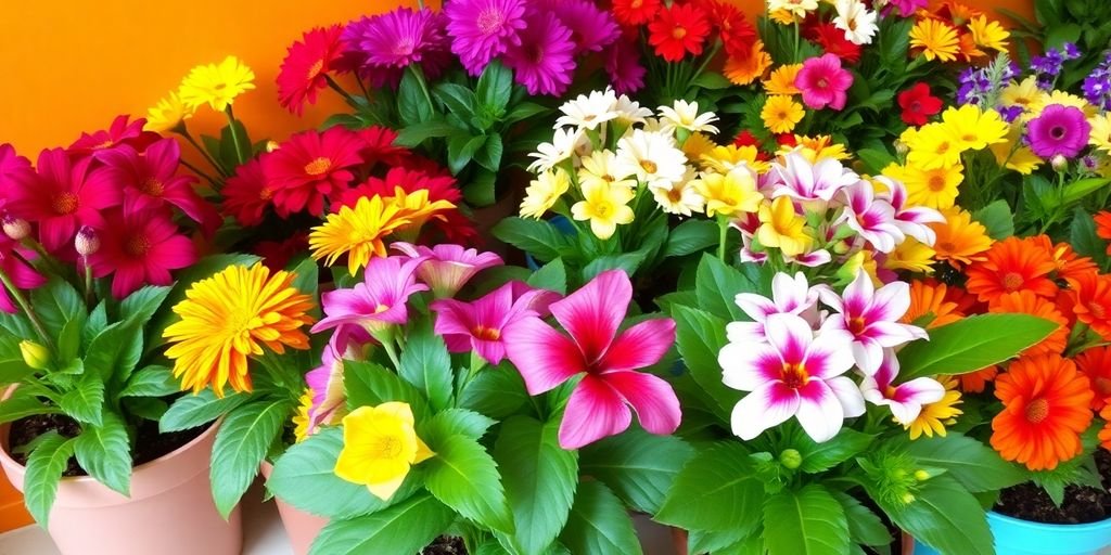 Fleurs d'intérieur colorées dans des pots variés.