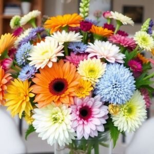 Arrangement de fleurs colorées dans un vase décoratif.