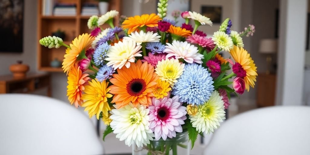 Arrangement de fleurs colorées dans un vase décoratif.